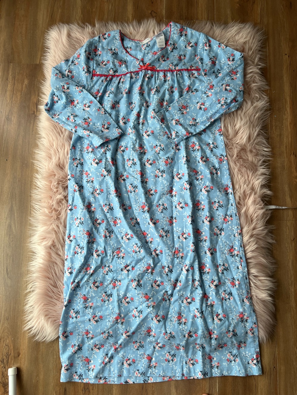 Vintage Blue Floral Flannel Long-Sleeve Nightgown with Red Trim 100% Cotton